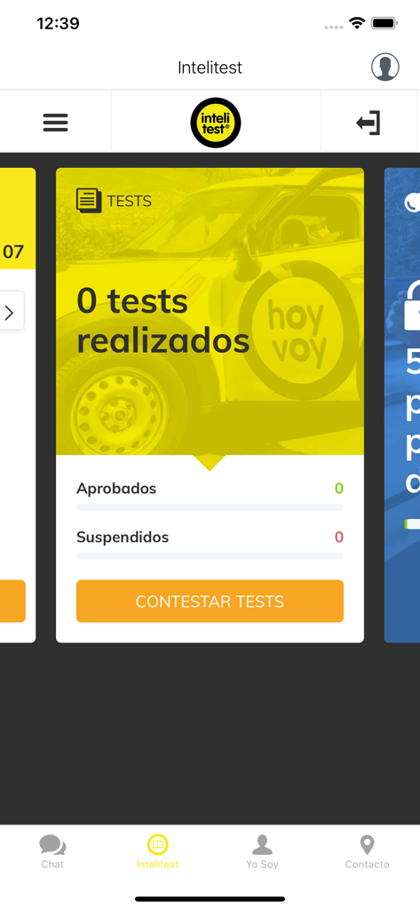 Tableau de bord de l'application auto-école Hoy-voy affichant les statistiques des tests d'entraînement et un bouton pour démarrer un test.