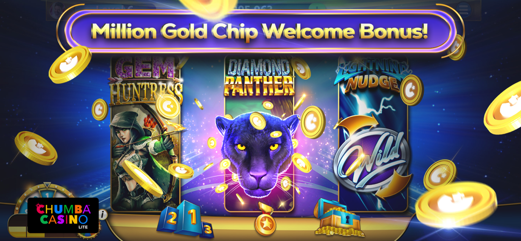 Chumba Lite – Casino games - Chumba Lite Casino welcome bonus screen featuring gold chips and popular slot games like Diamond Panther and Gem Huntress.