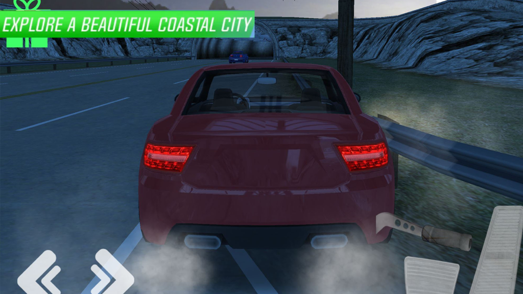 Ultimate Car Driving - A red luxury sports car driving on a coastal road towards a tunnel with on screen controls