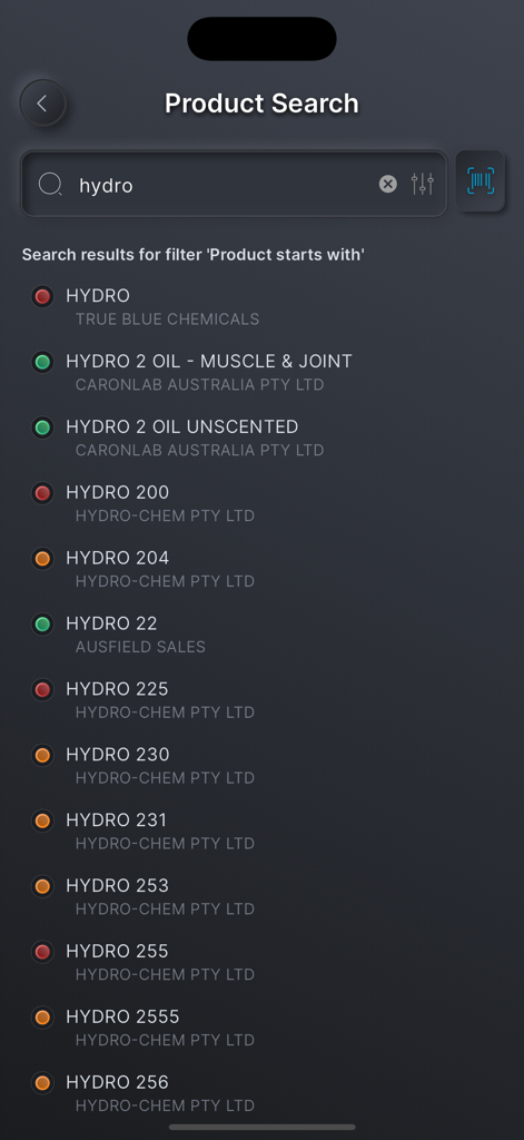 ChemAlert app product search results for chemical products with safety status icons.