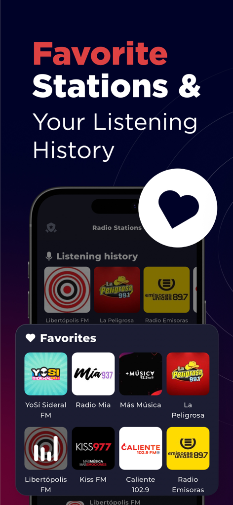 Mobile app screen showing favorite Guatemalan radio stations and listening history