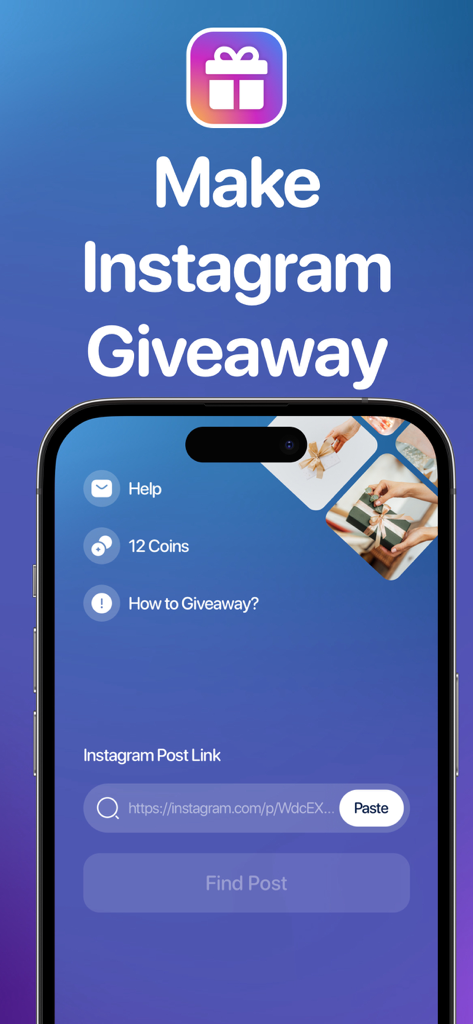 InstaprizeのGiveaway Pickerモバイルアプリの画面。投稿リンクを貼り付けてInstagramプレゼントを開始する方法を示しています