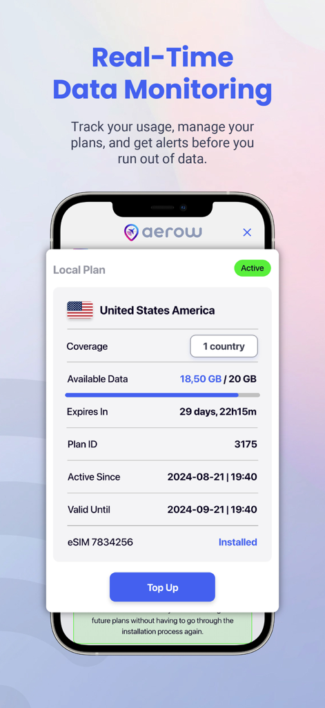 Aerow Travel eSIM - Interface do aplicativo Aerow Travel eSIM mostrando o uso de dados em tempo real e os detalhes do plano para os Estados Unidos.