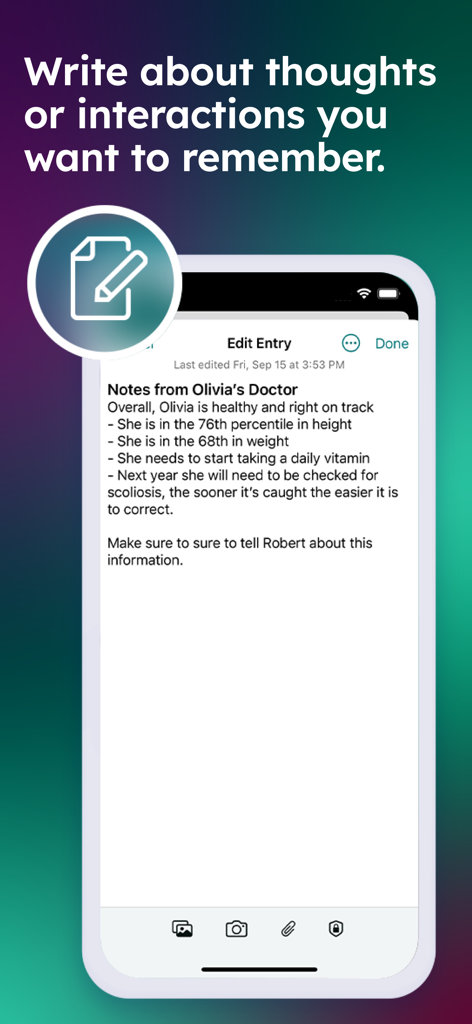 TalkingParents app interface showing the Personal Journal feature with a private note about a child's medical appointment.