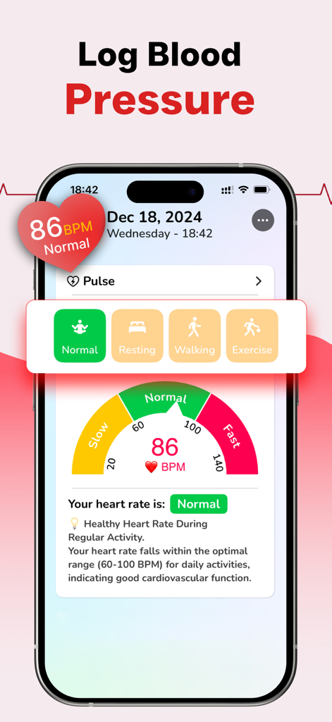 Heart Rate Monitor app interface displaying a pulse measurement of 86 BPM
