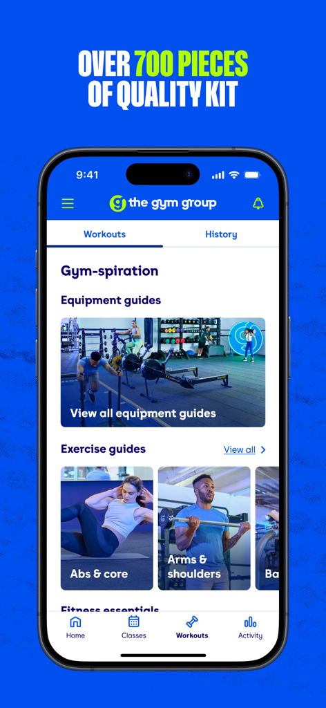 Interface of The Gym Group app showing exercise and equipment guides for gym members