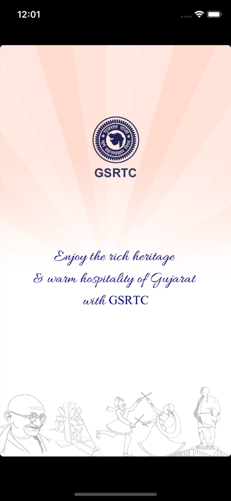 GSRTC app splash screen with Gujarat heritage icons and logo