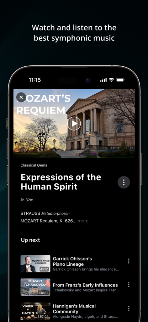 Adella - A smartphone showing the Adella app interface with a featured classical music concert video and a playlist of upcoming performances.