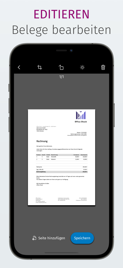 ADDISON OneClick Scan - Editing a scanned invoice in the ADDISON OneClick Scan mobile app interface