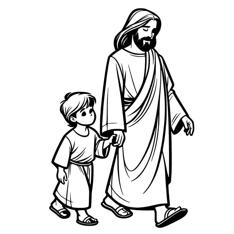 jesus walking with a child