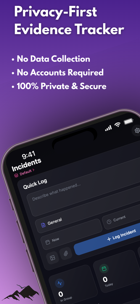 데이터 수집 없음 및 계정 불필요와 같은 개인 정보 보호 기능이 강조된 증거 추적기 앱 스크린샷