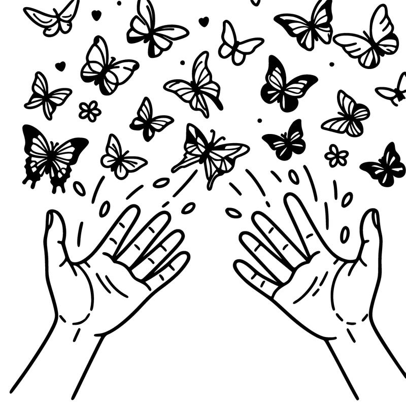 2 hands reaching for eachother and butterflies flying all around them