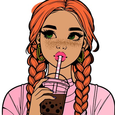 realistic girl with braided hair drinking boba
