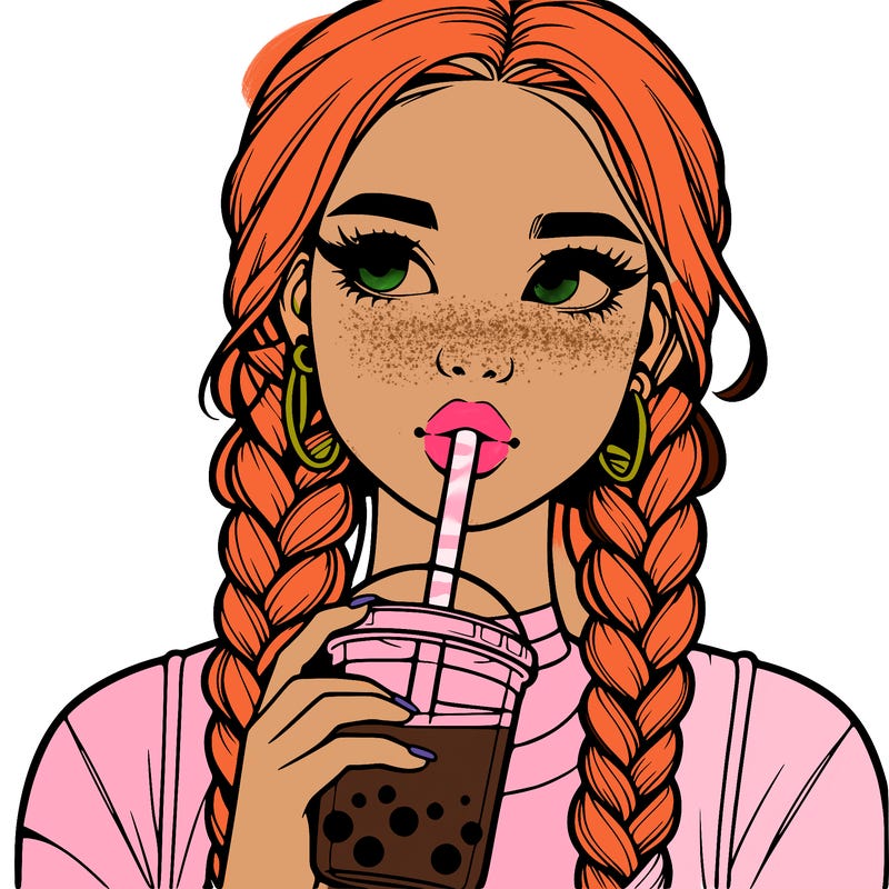 realistic girl with braided hair drinking boba