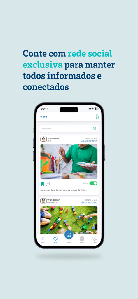 Escolaweb - iPhone screen displaying the Escolaweb app social network feed with school activity posts and updates