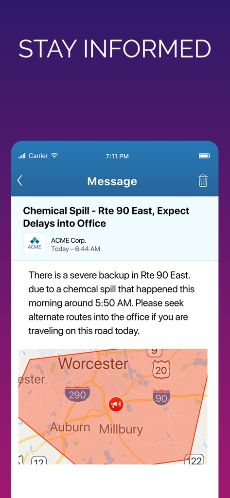 Rave Guardian app interface showing an emergency safety alert and incident map from an organization