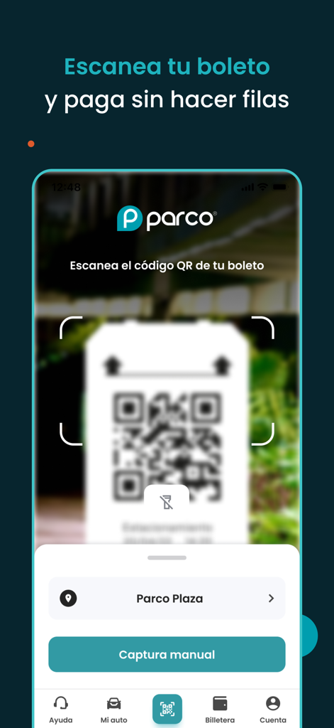 Interfaz de aplicación móvil que muestra un escáner de código QR para pagar tickets de estacionamiento sin esperar en la fila