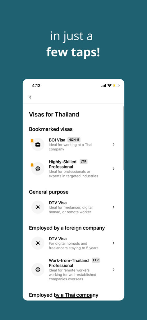 The Issa Compass app interface showing a list of Thai visa options including DTV and LTR for digital nomads and professionals.
