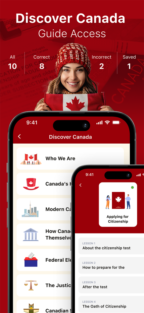 Captura de pantalla de la aplicación Ciudadanía Canadiense 2026 que muestra la guía de estudio Descubra Canadá y los módulos de lecciones