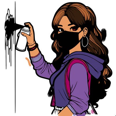 realistic girl with mask spray painting a wall