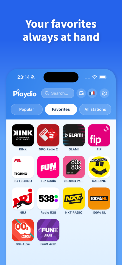 Playdio - radio app - The Playdio app interface showing a personalized grid of favorite European radio stations.