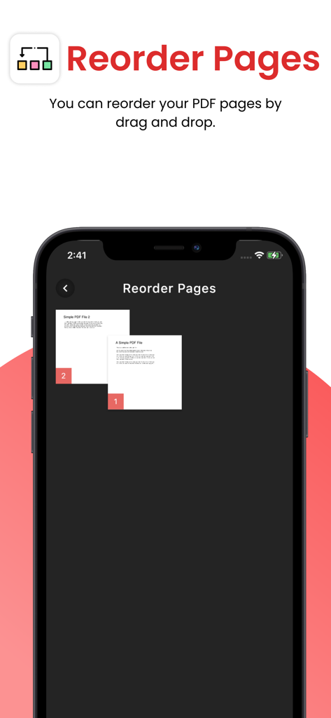PDF Utils - Split,Merge & More - Smartphone screen displaying the reorder pages feature of the PDF Utils app using drag and drop.