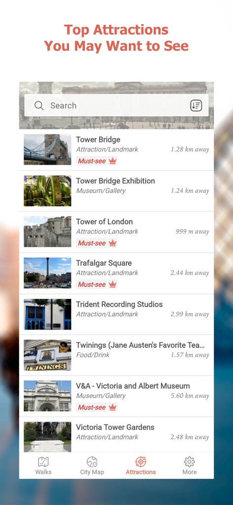GPSmyCity: Walks in 1K+ Cities - GPSmyCity mobile app displaying a list of top attractions and landmarks in London