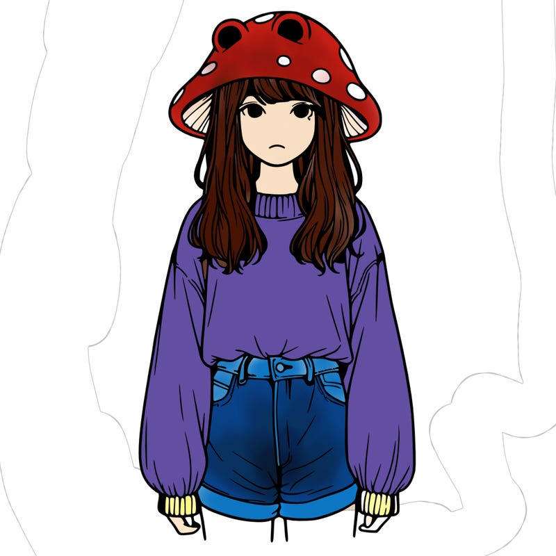 a realistic girl with a frog hat and baggy mushroom shirt