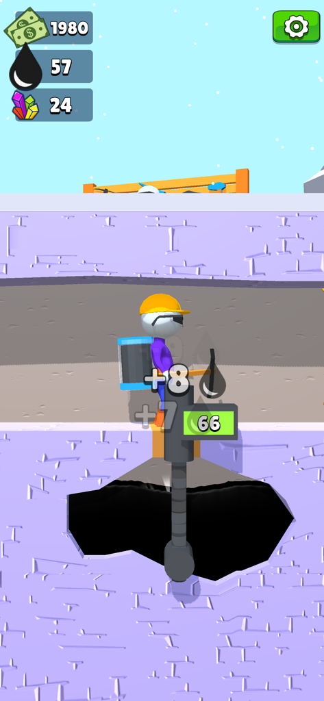 Oilman! - Personaje usando un gran taladro mecánico para extraer petróleo en el juego móvil Oilman