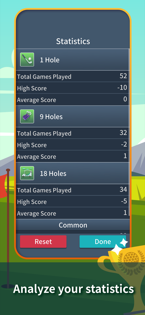 Detailed game statistics menu in Golf Solitaire Classic showing scores for 1 9 and 18 holes
