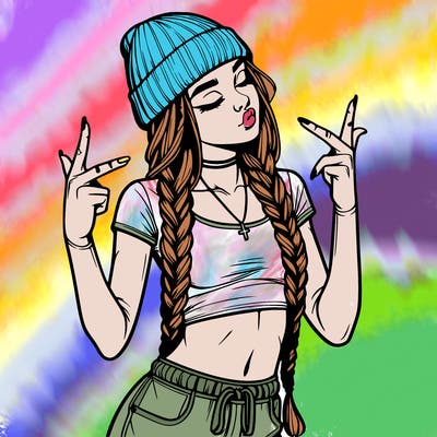 realistic teenage girl with braids and a beanie and crop top doing 🫶🏼