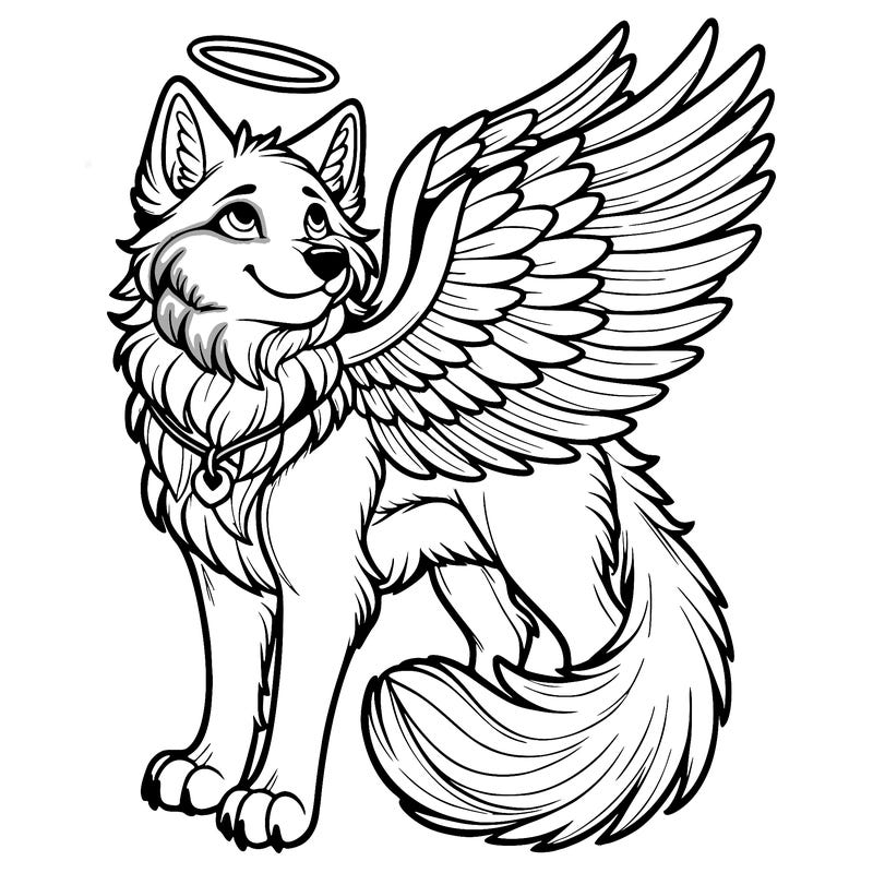 realistic wolf with wings and a halo