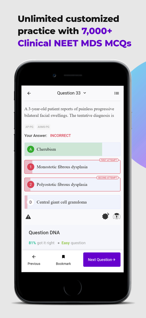Mobile screen of the NEET MDS Prep App by PULP showing a clinical practice question with performance analytics