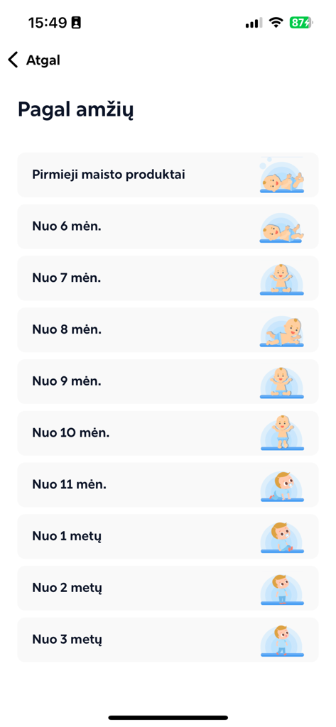 연령별로 분류된 아기 이유식 카테고리를 보여주는 Laimingas Pilvukas 앱 메뉴
