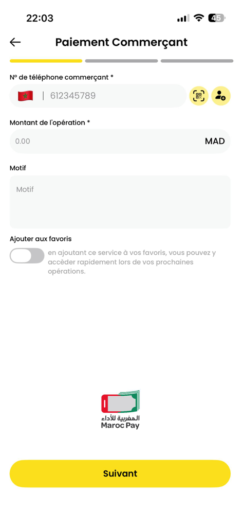 Pantalla de pago de comerciante en la aplicación myWafacash que muestra campos para número de teléfono y monto de la transacción en Dirhams marroquíes