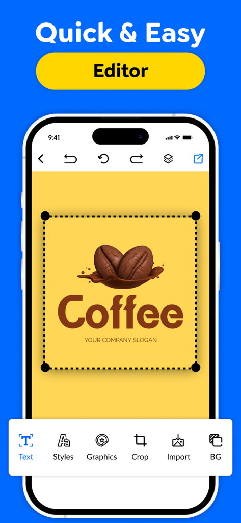 Interface do editor do aplicativo Logo Maker mostrando um design de logo profissional de café sendo personalizado.
