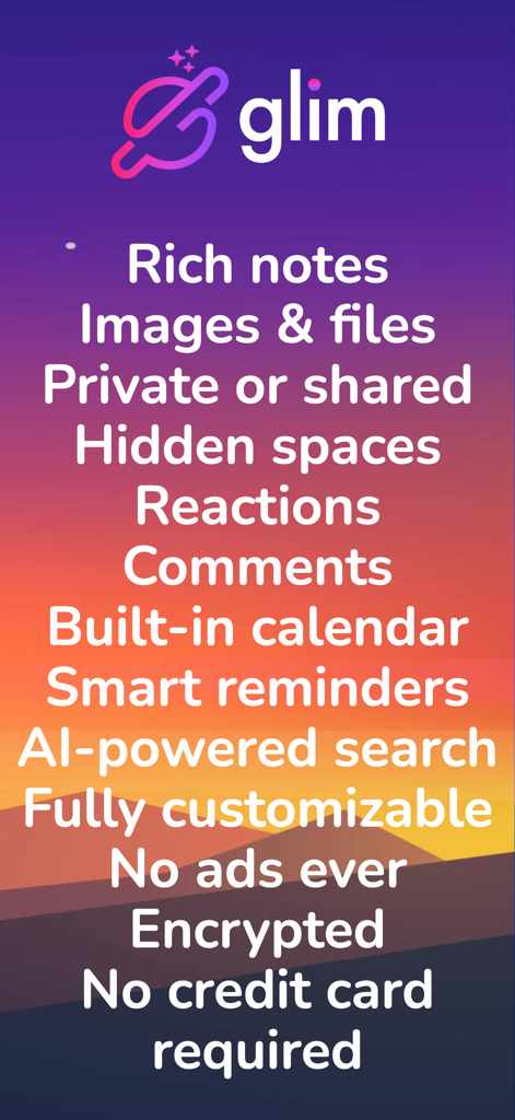 Glim: Social Space - A list of features for the Glim Social Space app including rich notes, smart reminders, and AI-powered search over a sunset mountain background.