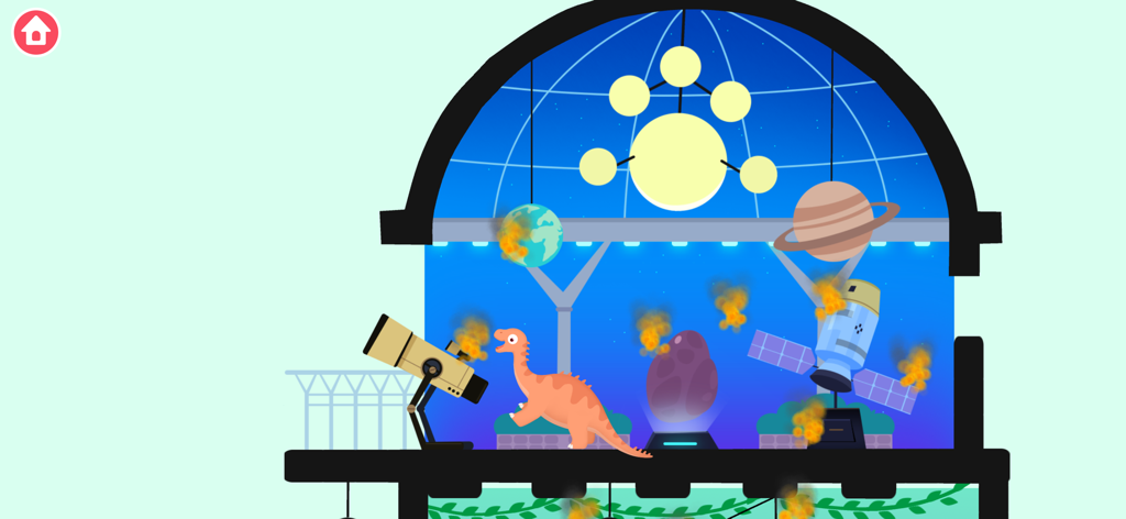 An orange dinosaur character stands in a burning observatory among a telescope, globe, and satellite on fire.