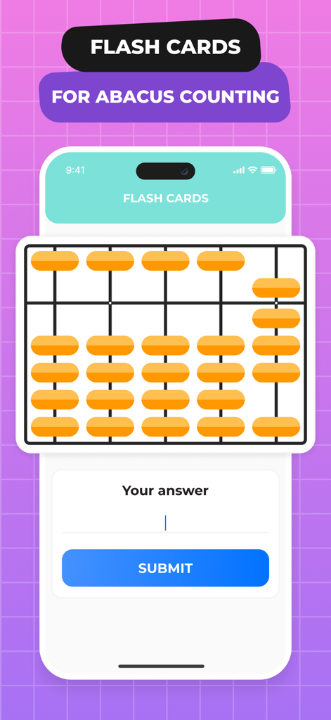 Matsy Abacus - A digital flash card exercise in the Matsy Abacus app showing an abacus and an answer input field for mental math practice.