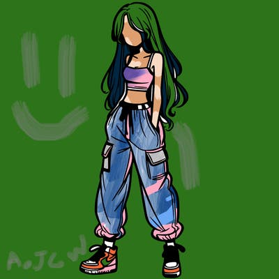 girl in baggy pants crop top and long hair