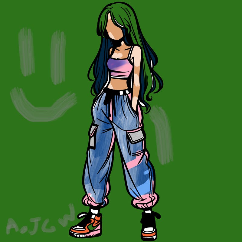 girl in baggy pants crop top and long hair