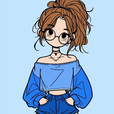 girl with a messy ponytail glasses a baggy crop top and jean shorts