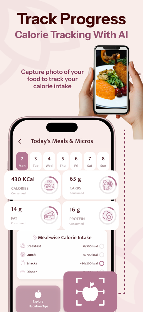 Yoga for Beginners - Workout - AI 기반 칼로리 및 다량 영양소 추적을 보여주는 초보자를 위한 요가 앱 인터페이스