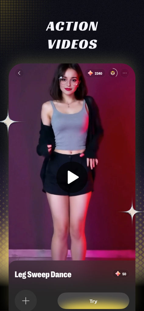 AI PhotoVibe: AI Video Maker - Interface do aplicativo AI PhotoVibe mostrando um modelo de vídeo de ação para uma dança de 'leg sweep'.