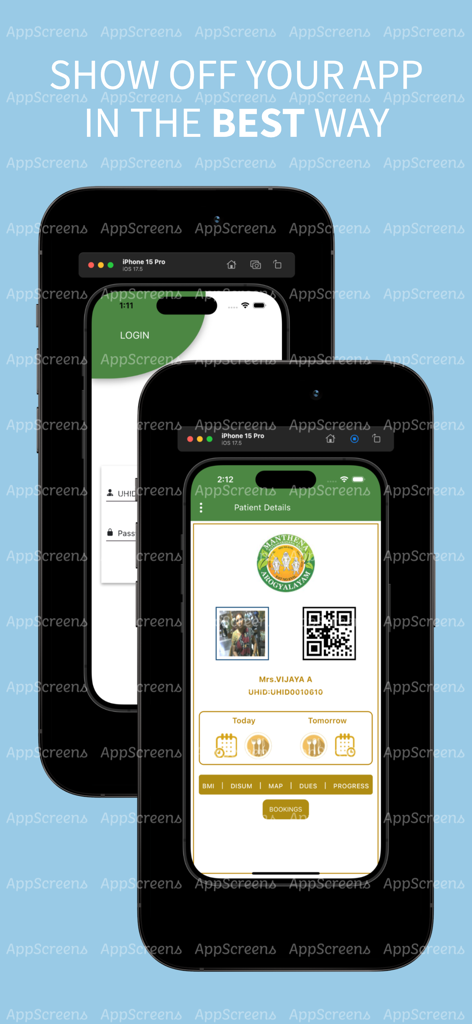 로그인 화면과 환자 세부 정보 대시보드를 보여주는 Naturo Care 모바일 앱 인터페이스