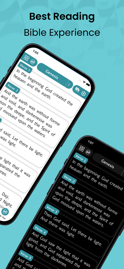 Two mobile phones displaying the 1599 Geneva Bible app in light and dark mode interfaces showing the book of Genesis.