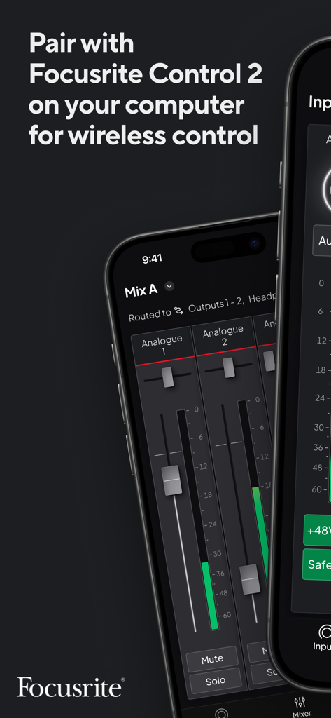 Interface de l'application Focusrite Control 2 sur un iPhone montrant des faders de mixage audio et une légende sur l'appairage pour le contrôle sans fil.