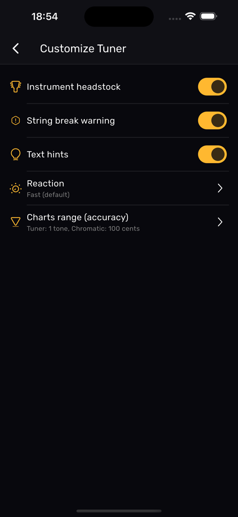 Banjo Tuner – XTuner PRO - Customize Tuner screen of the XTuner PRO app showing settings for instrument headstock, string break warning and accuracy