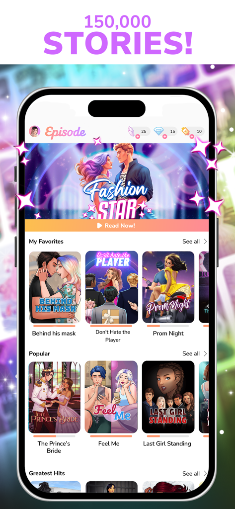 Episode - Choose Your Story - Schermata dello smartphone che mostra la libreria dell'app Episode con vari titoli di storie d'amore e drammatiche