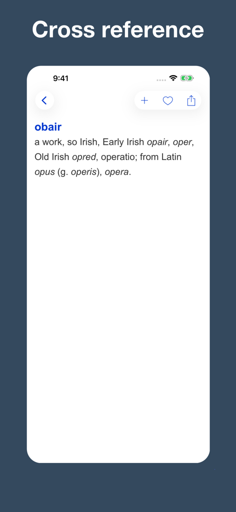 Gaelic etymology dictionary - Screenshot of the Gaelic Etymology Dictionary app showing the linguistic origin and cross-references for the word obair